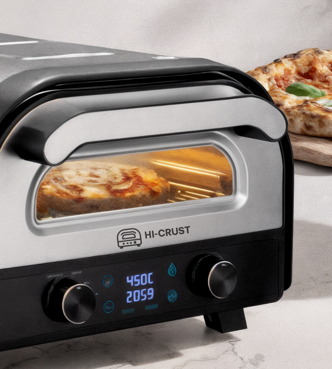 A chef wearing a striped apron prepares pizza in an artisanal restaurant kitchen with a traditional oven.